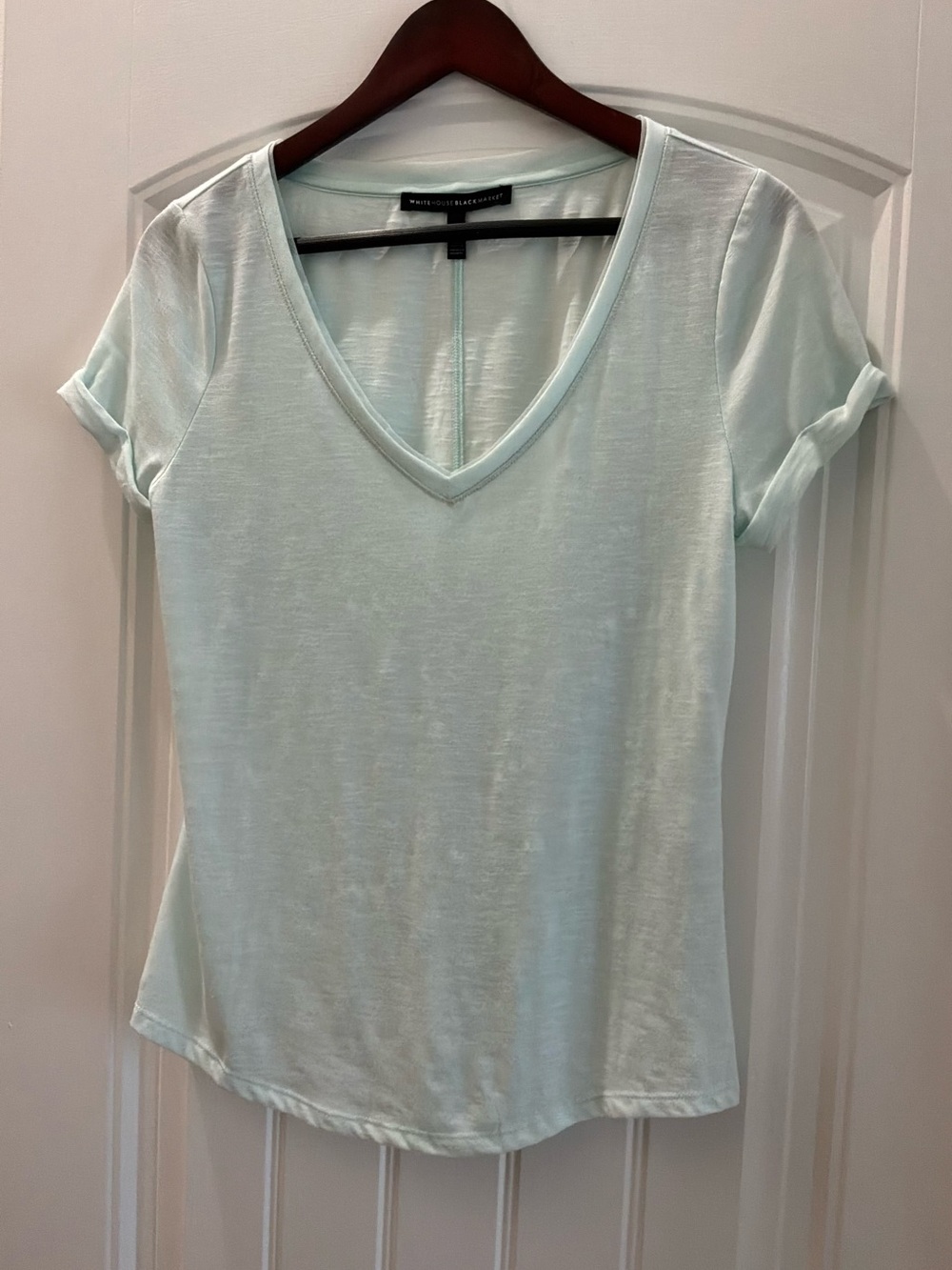 White House Black Market Mint V-Neck Tee with Rolled Sleeves, Size XS
